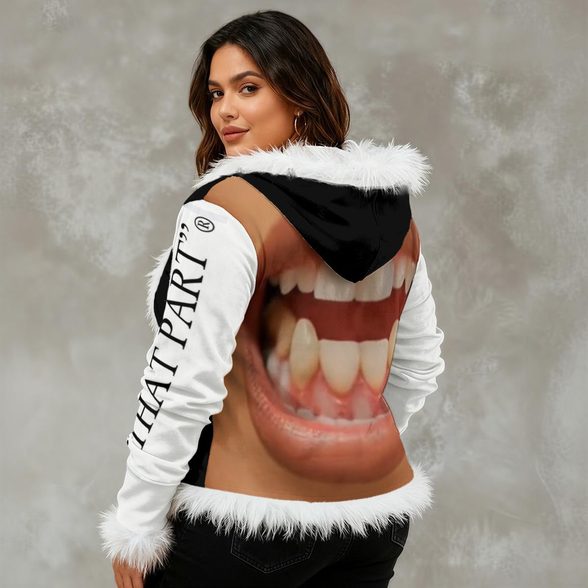 NEW!!! "THAT PART" branded (left sleeve/ LIPS TEETH Mouth Face rear) Women's Faux Fur Trim Hooded Jacket | Velvet