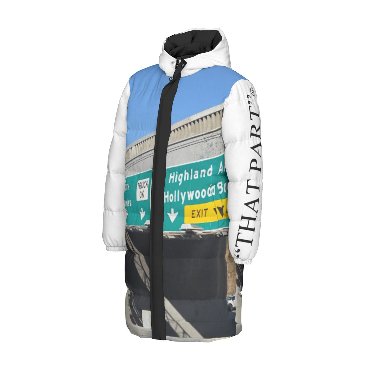 NEW!!! "THAT PART" branded left sleeve/ HOLLYWOOD Fwy. Sign rear Unisex Long Down Jacket