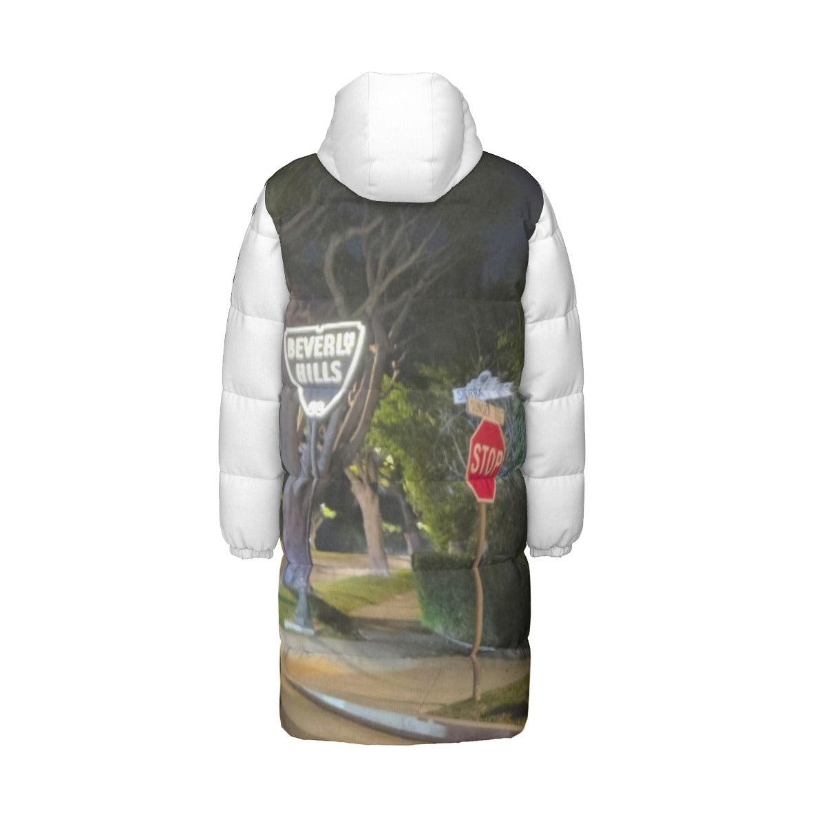 NEW!!! "THAT PART" branded (left sleeve/ BEVERLY HILLS/ Sunset Blvd. Sign at Night front/ rear) Unisex Long Down Jacket