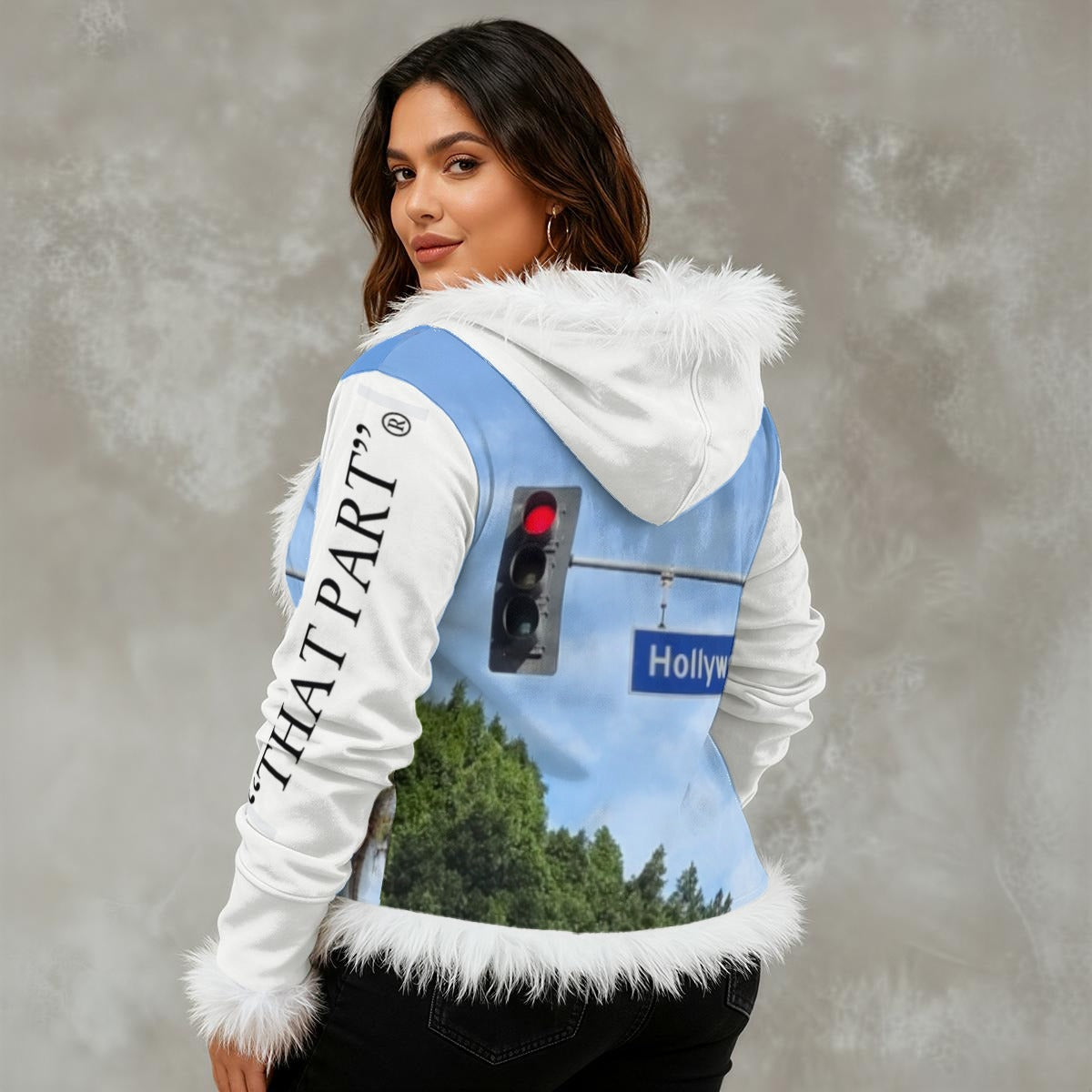 NEW!!!! "THAT PART" branded (left sleeve/ HOLLYWOOD Blvd. Sign front/ rear) Women's Faux Fur Trim