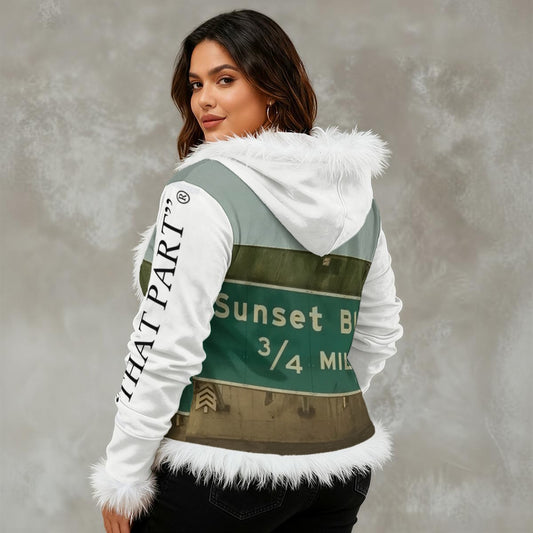 NEW!!! "THAT PART" branded (left sleeve / Sunset Blvd. Sign front rear) Women's Faux Fur Trim Hooded Jacket | Velvet