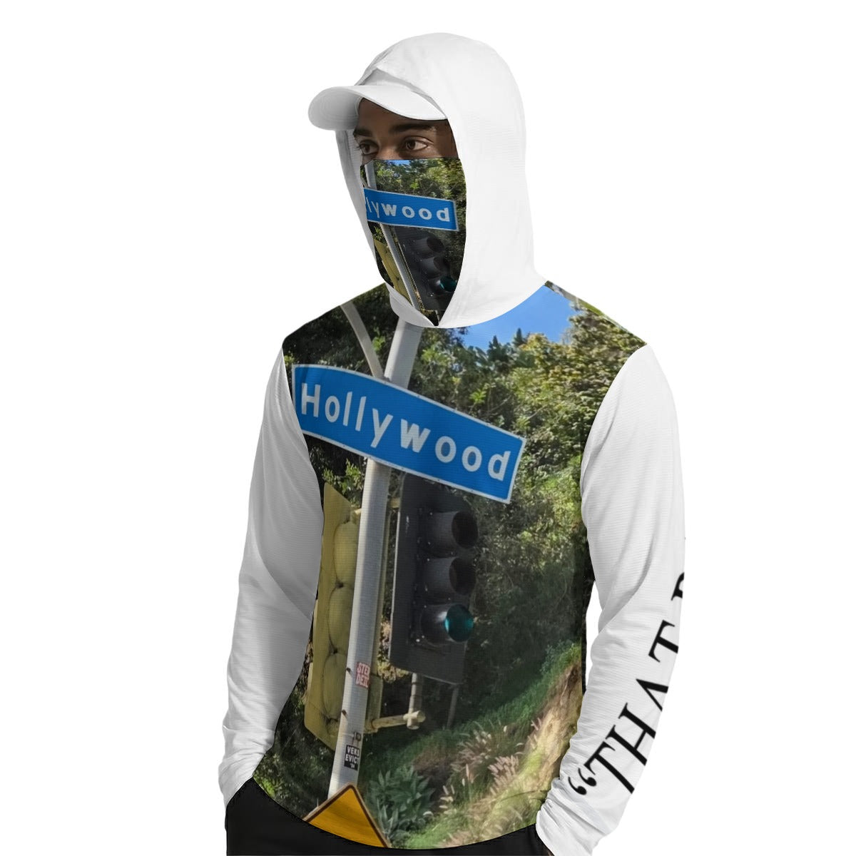 NEW!!! "THAT PART" branded (HOLLYWOOD Hills area sign front/rear) Men’s Sun Protection Hoodie with Face Cover and Thumb Holes