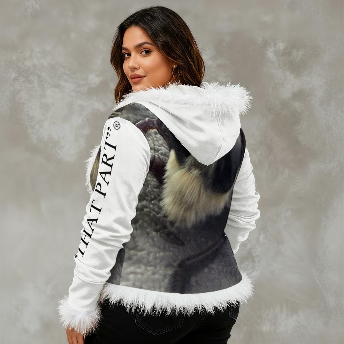 NEW!!! "THAT PART" branded (left sleeve / BIG Face Bug front rear) Women's Faux Fur Trim Hooded Jacket | Velvet