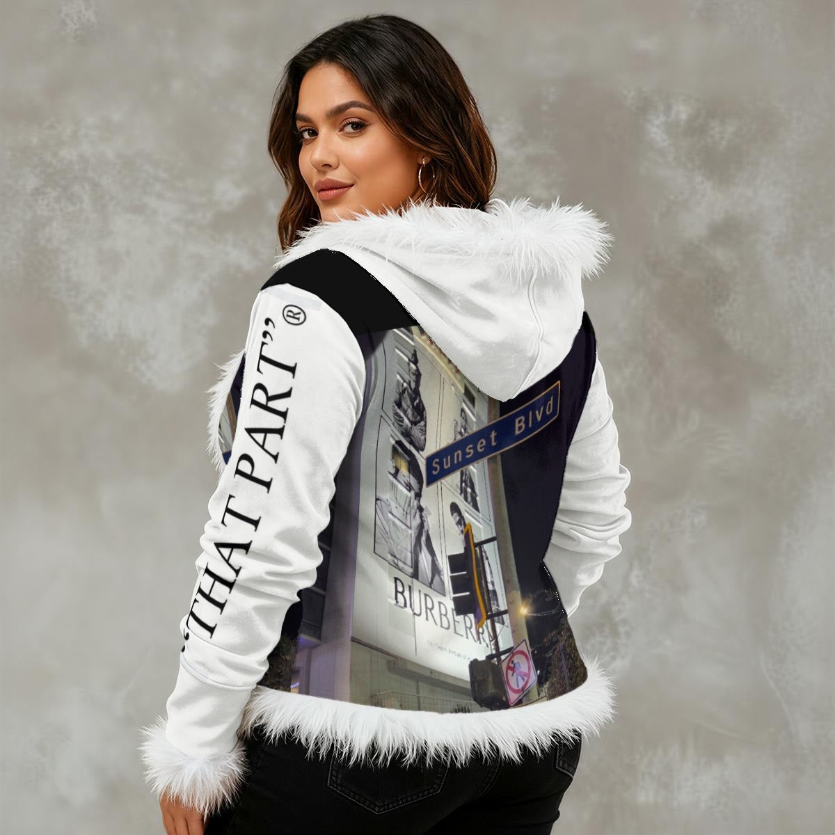 NEW!!! "THAT PART" branded (left sleeve/ SUNSET Blvd. at Night front/ rear) Women's Faux Fur Trim Hooded Jacket | Velvet