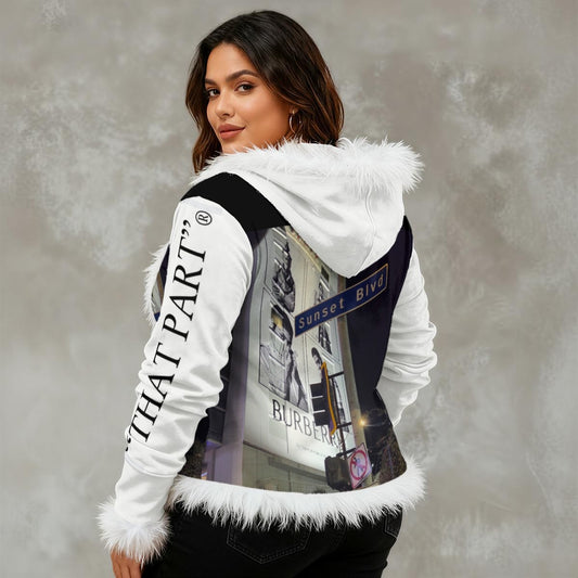 NEW!!! "THAT PART" branded (left sleeve/ SUNSET Blvd. at Night front/ rear) Women's Faux Fur Trim Hooded Jacket | Velvet