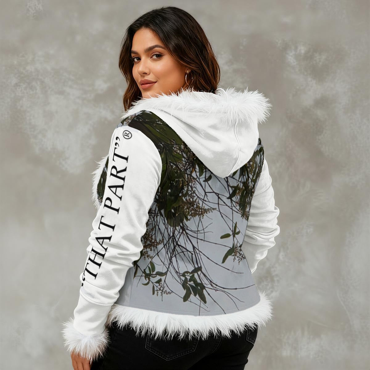 NEW!!! "THAT PART" branded (left sleeve / Lady Face in Trees front rear) Women's Faux Fur Trim Hooded Jacket | Velvet