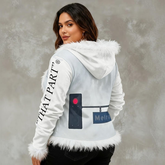 NEW!!! "THAT PART" branded (left sleeve/ MELROSE Blvd. Sign front/rear) Women's Faux Fur Trim Hooded Jacket | Velvet