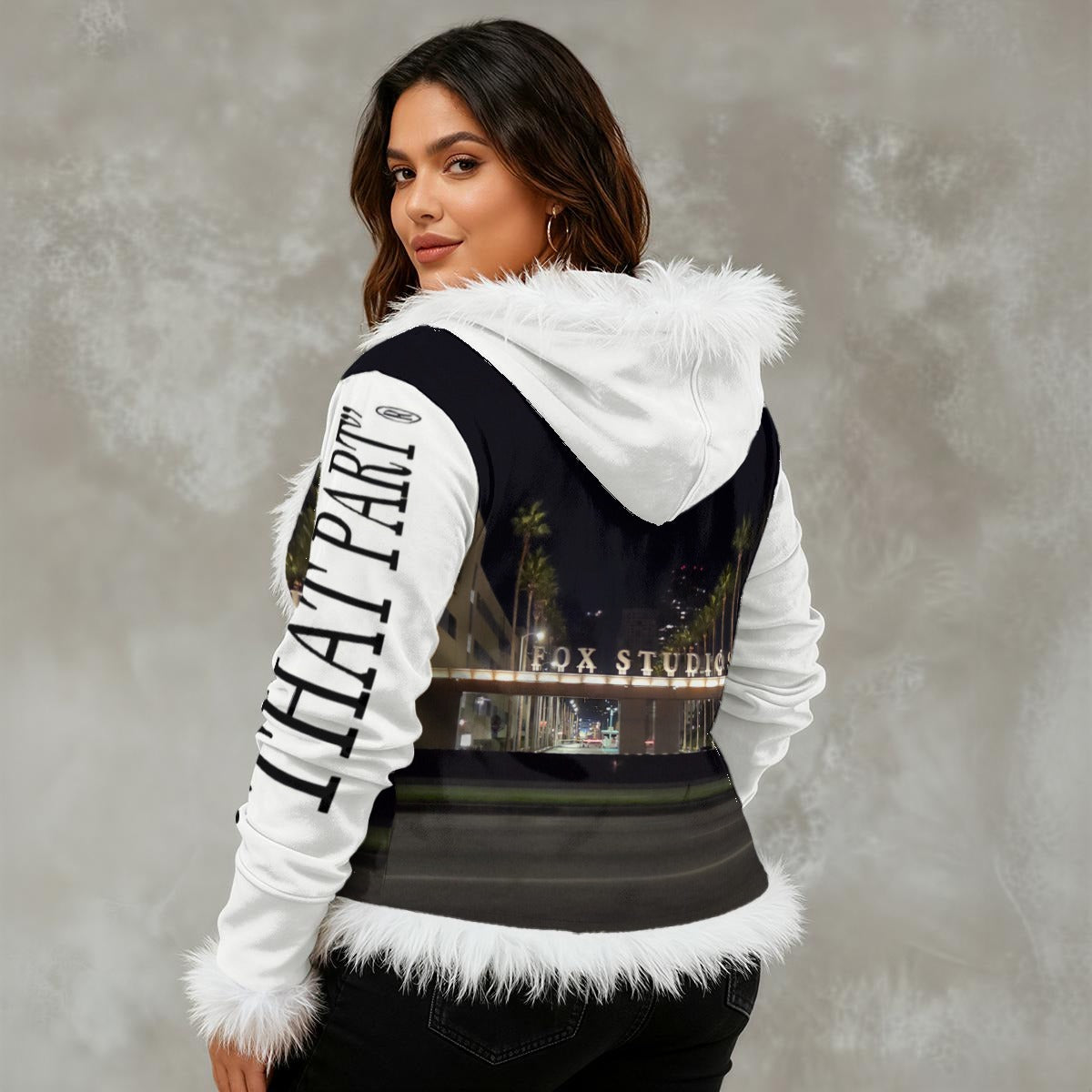 NEW!!!! "THAT PART" branded (left sleeve/ FOX STUDIOS Sign front/ rear) Women's Faux Fur Trim Hooded Jacket | Velvet