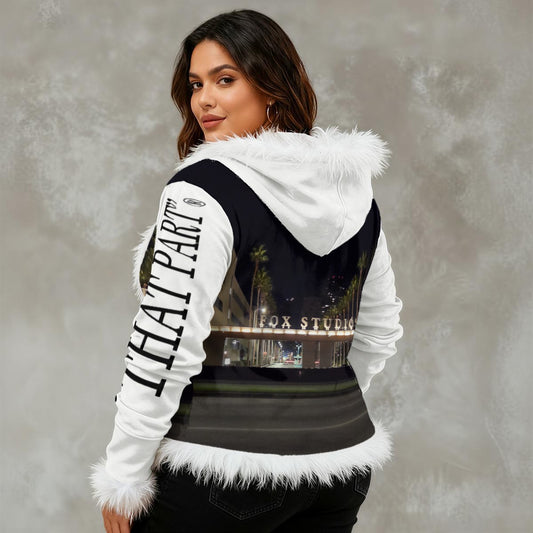 NEW!!!! "THAT PART" branded (left sleeve/ FOX STUDIOS Sign front/ rear) Women's Faux Fur Trim Hooded Jacket | Velvet