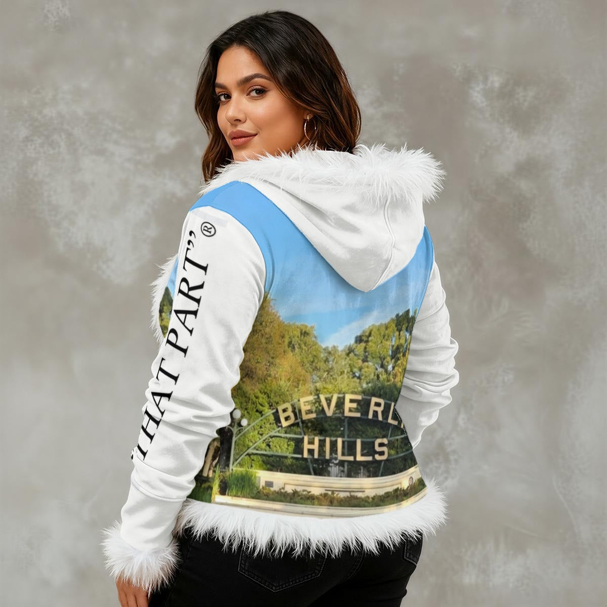 NEW!!! "THAT PART" branded (left sleeve/ BEVERLY HILLS Sign front/ rear) Women's Faux Fur Trim Hooded Jacket | Velvet