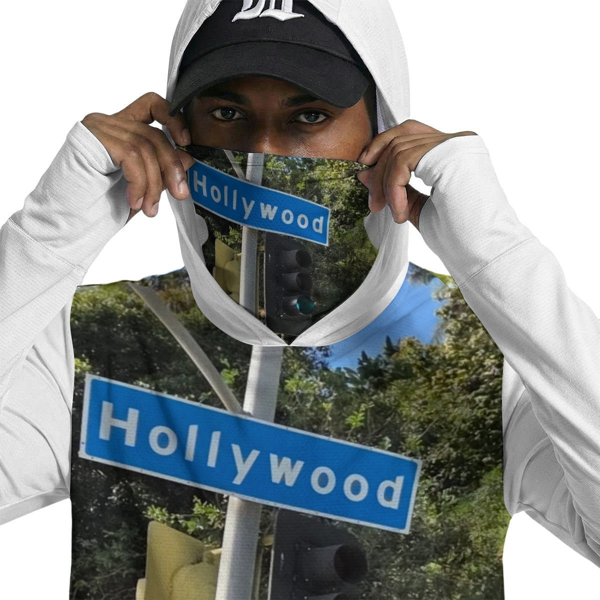 NEW!!! "THAT PART" branded (HOLLYWOOD Hills area sign front/rear) Men’s Sun Protection Hoodie with Face Cover and Thumb Holes