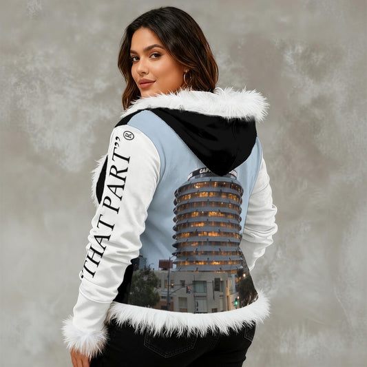 NEW!!! "THAT PART" branded (left sleeve/ CAPITOL RECORDS Tower rear) Women's Faux Fur Trim Hooded Jacket | Velvet