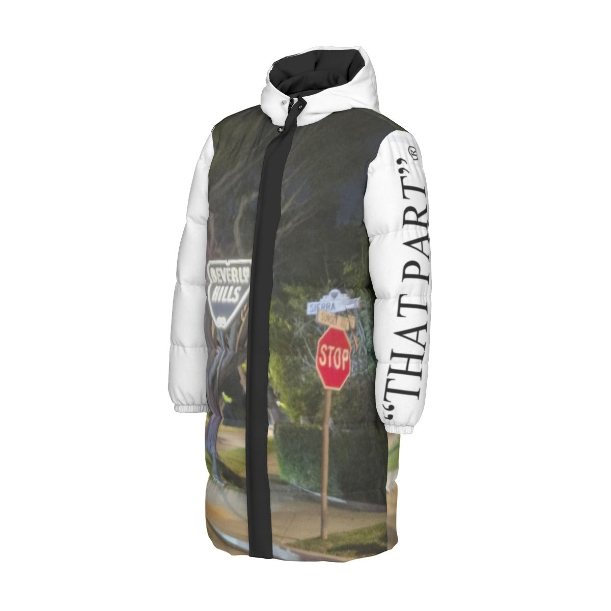 NEW!!! "THAT PART" branded (left sleeve/ BEVERLY HILLS/ Sunset Blvd. Sign at Night front/ rear) Unisex Long Down Jacket