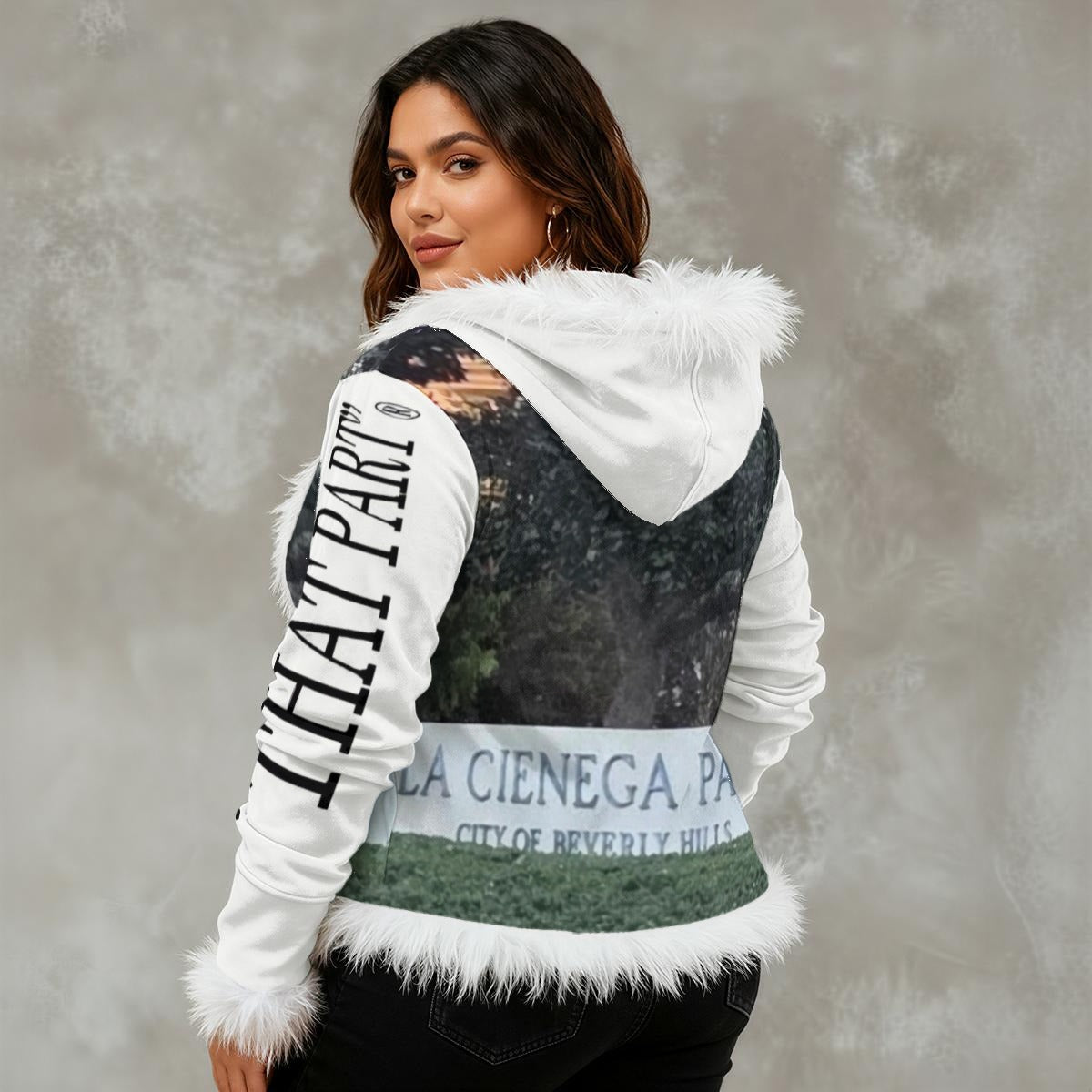 NEW!!!! "THAT PART" branded (left sleeve/ LA CIENEGA Park B.H. front/ rear) Women's Faux Fur Trim Hooded Jacket | Velvet