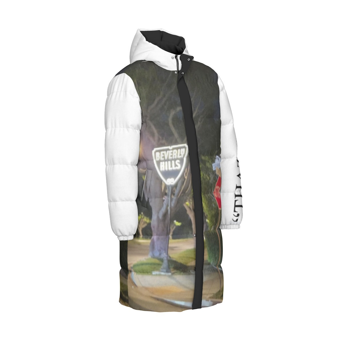 NEW!!! "THAT PART" branded (left sleeve/ BEVERLY HILLS/ Sunset Blvd. Sign at Night front/ rear) Unisex Long Down Jacket