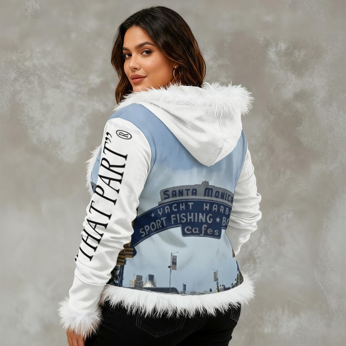 NEW!!!! "THAT PART" branded (left sleeve/ Santa Monica Pier Sign front/ rear) Women's Faux Fur Trim
