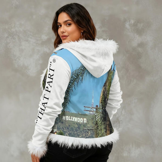 NEW!!!! "THAT PART" branded (left sleeve/ HOLLYWOOD HILLS Sign front/ rear) Women's Faux Fur Trim