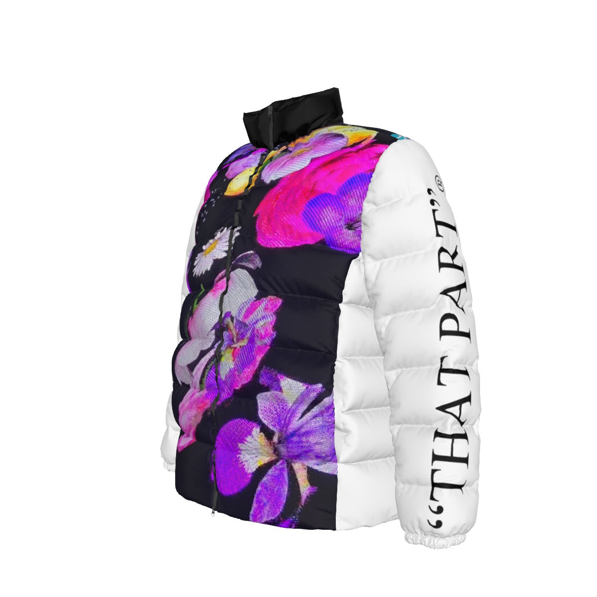 NEW!!! "THAT PART" branded (left sleeve/ DIGITAL FLOWERS BOUQUET Sign front/rear) Unisex Stand collar slim down jacket