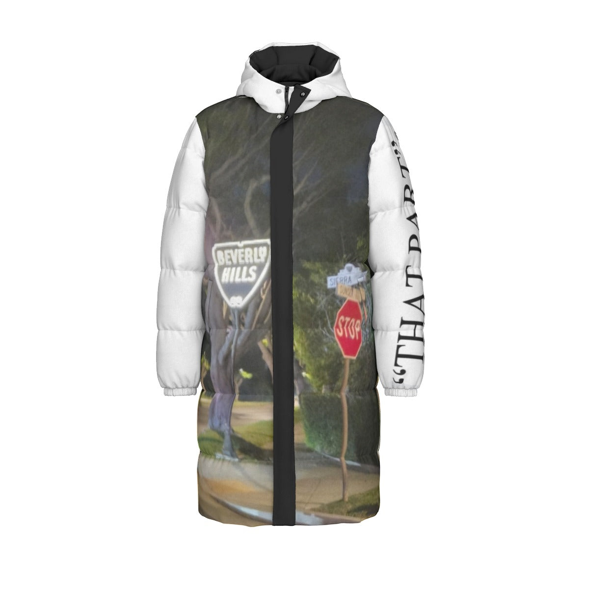 NEW!!! "THAT PART" branded (left sleeve/ BEVERLY HILLS/ Sunset Blvd. Sign at Night front/ rear) Unisex Long Down Jacket