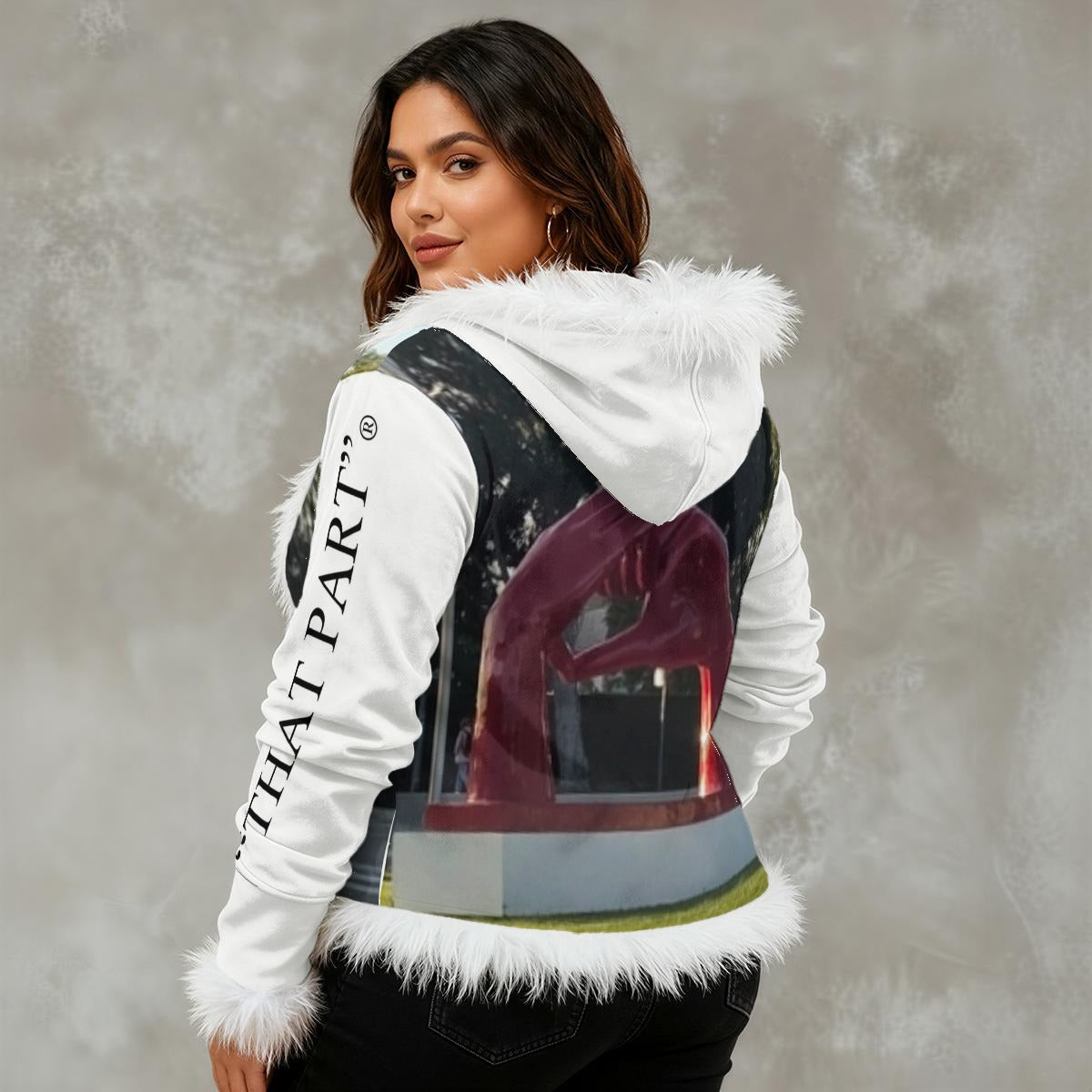 NEW!!!! "THAT PART" branded (left sleeve/ B.H. LOVE Sign front/ rear) Women's Faux Fur Trim Hooded Jacket | Velvet