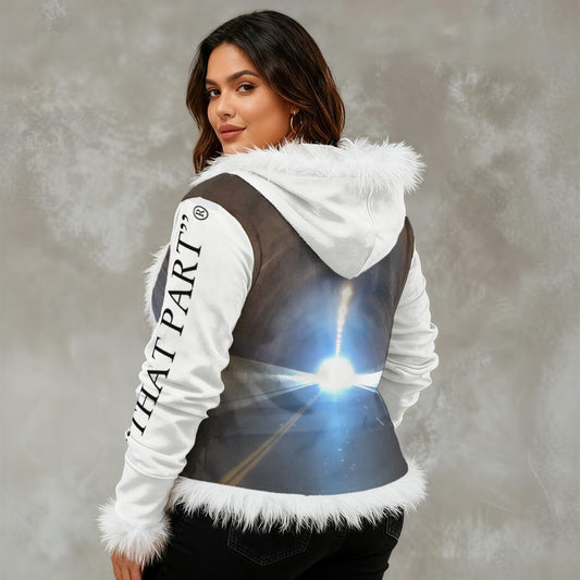 NEW!!! "THAT PART" branded (left sleeve / TUNNEL front rear) Women's Faux Fur Trim Hooded Jacket | Velvet