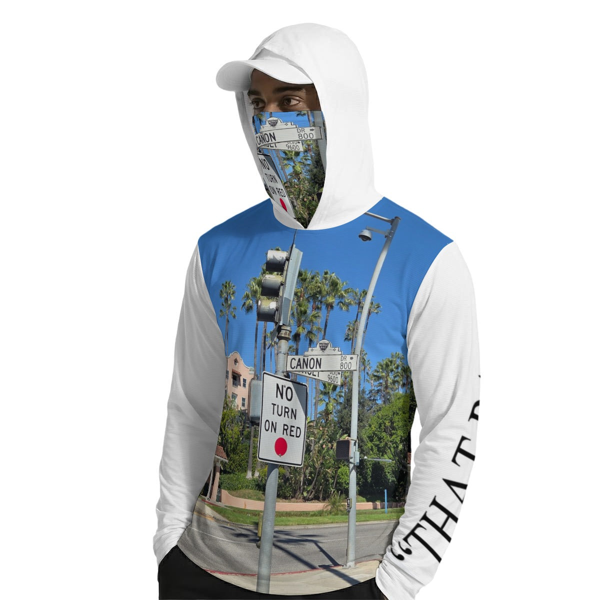 NEW!!! "THAT PART" branded (BEVERLY Hills SUNSET & CANON Blvd. area sign front/rear) Men’s Sun Protection Hoodie with Face Cover and Thumb Holes