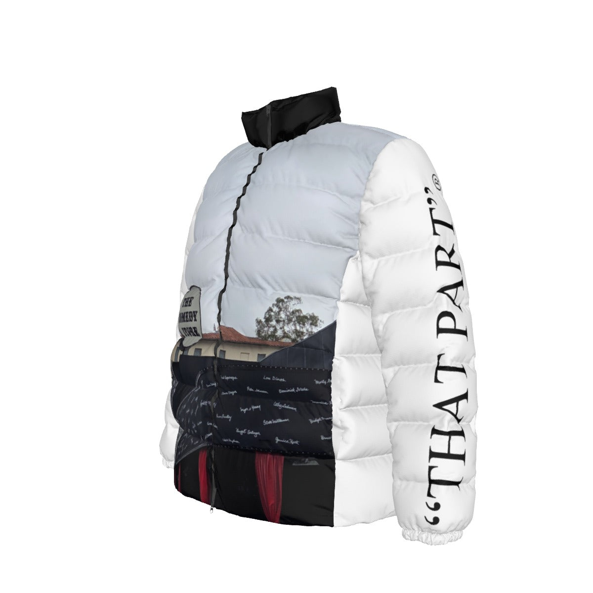 NEW!!! "THAT PART" branded (left sleeve/ COMEDY STORE Sign front/rear) Unisex Stand collar slim down jacket