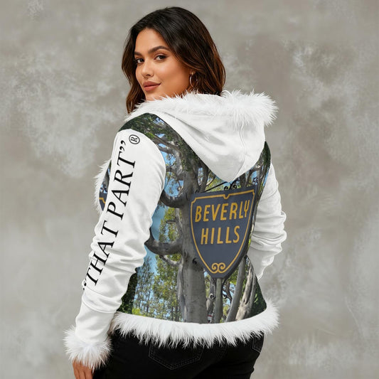 NEW!!! "THAT PART" branded (left sleeve / B.H. Sign front rear) Women's Faux Fur Trim Hooded Jacket | Velvet