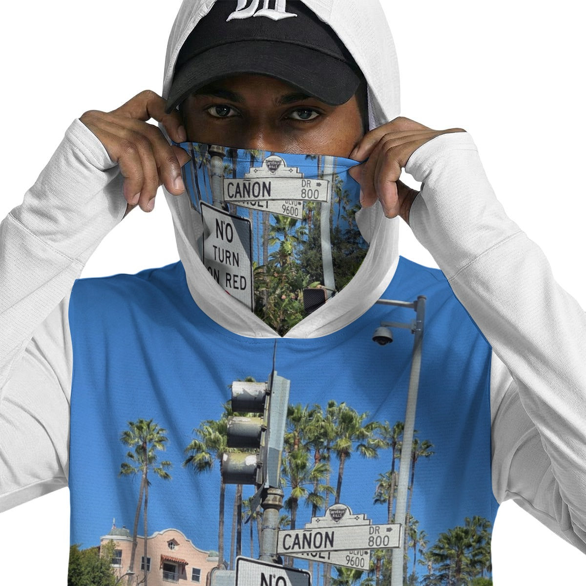 NEW!!! "THAT PART" branded (BEVERLY Hills SUNSET & CANON Blvd. area sign front/rear) Men’s Sun Protection Hoodie with Face Cover and Thumb Holes