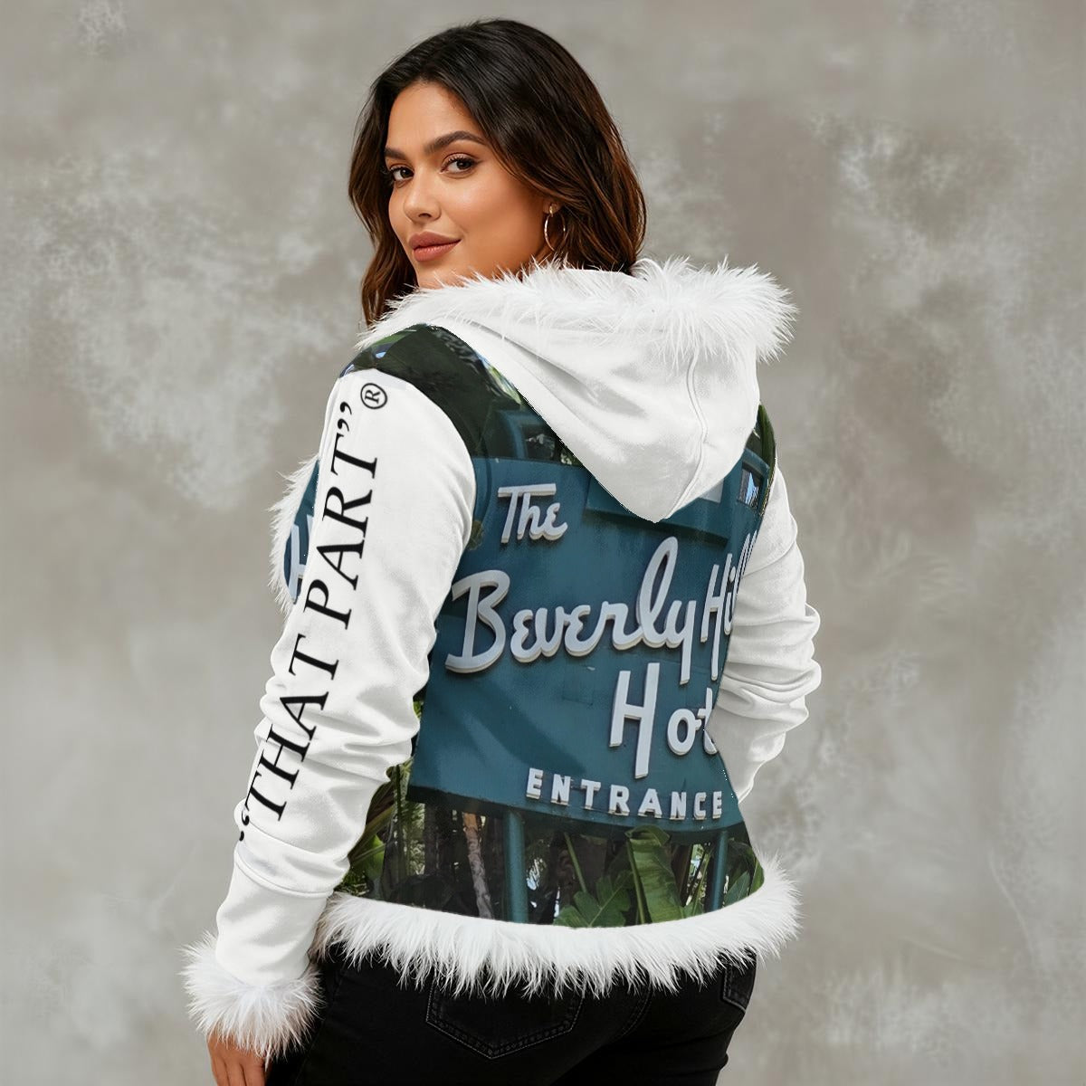 NEW!!! "THAT PART" branded (left sleeve / B.H. Hotel Sign front rear) Women's Faux Fur Trim Hooded Jacket | Velvet
