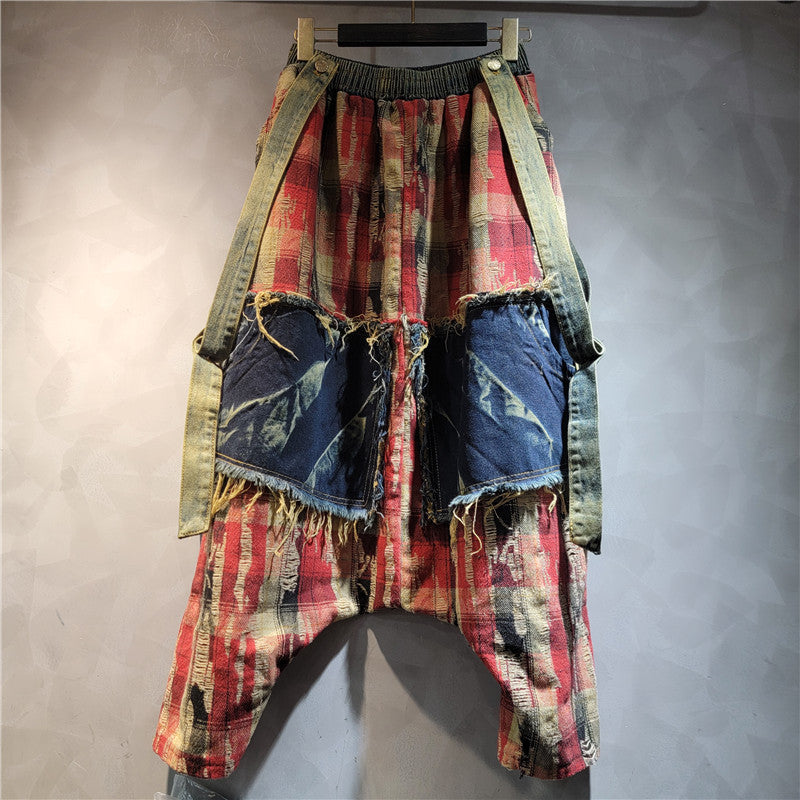 Retro Vintage Patchwork Plaid Denim High Waisted Shoulder Strap Baggy Pants