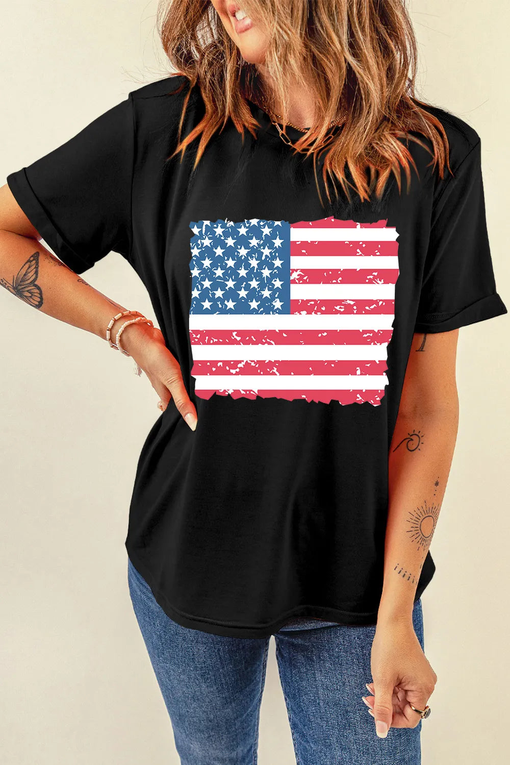 U.S. Flag Round Neck Short Sleeve T-Shirt
