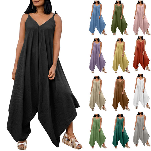 Solid color suspender backless V-neck sleeveless loose wide leg pants jumpsuit