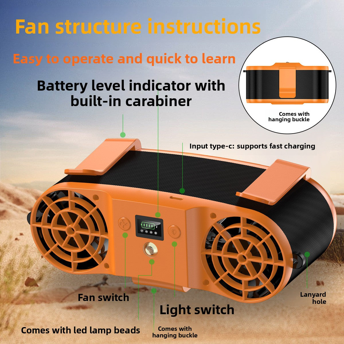 Portable Hanging Waist Fan with Fast Charge