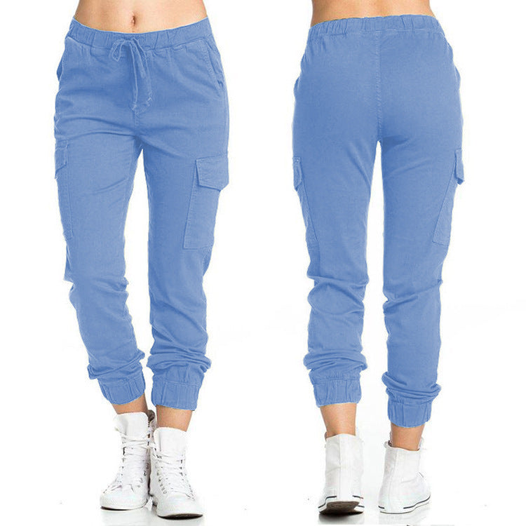 Solid Color Jogger Cargo Pants Multi-Pocket Drawstring Elastic Waist Sports Pants