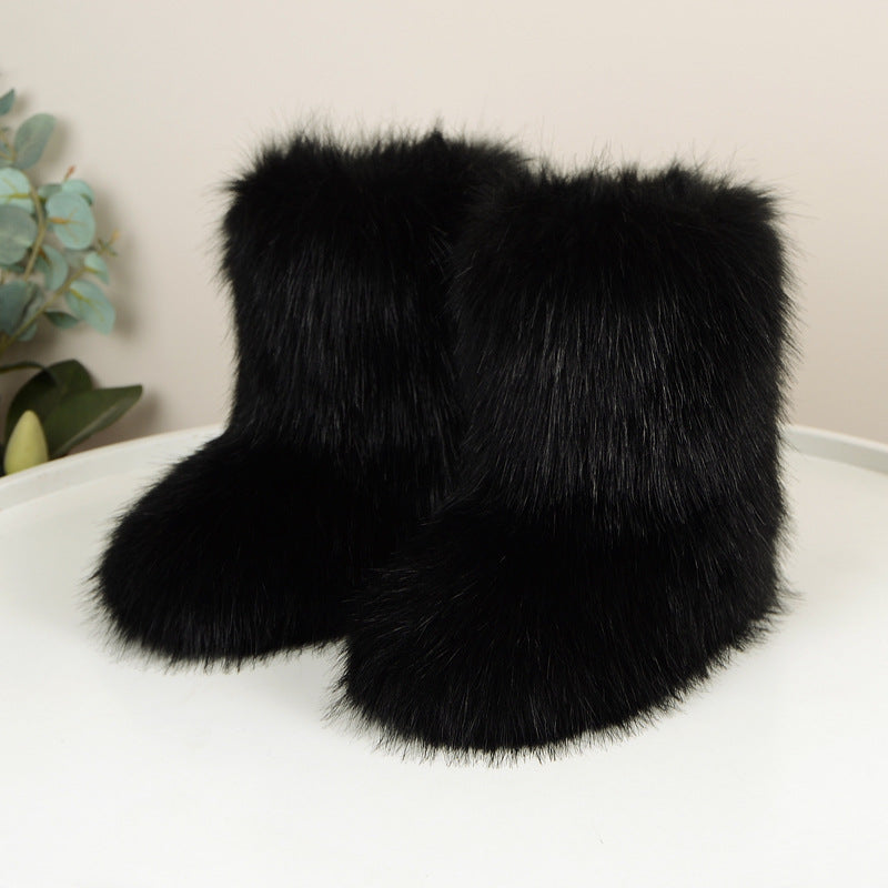 Fuzzy Fluffy Fur Boots Plush lining Slip-on Rubber Flat Footwear