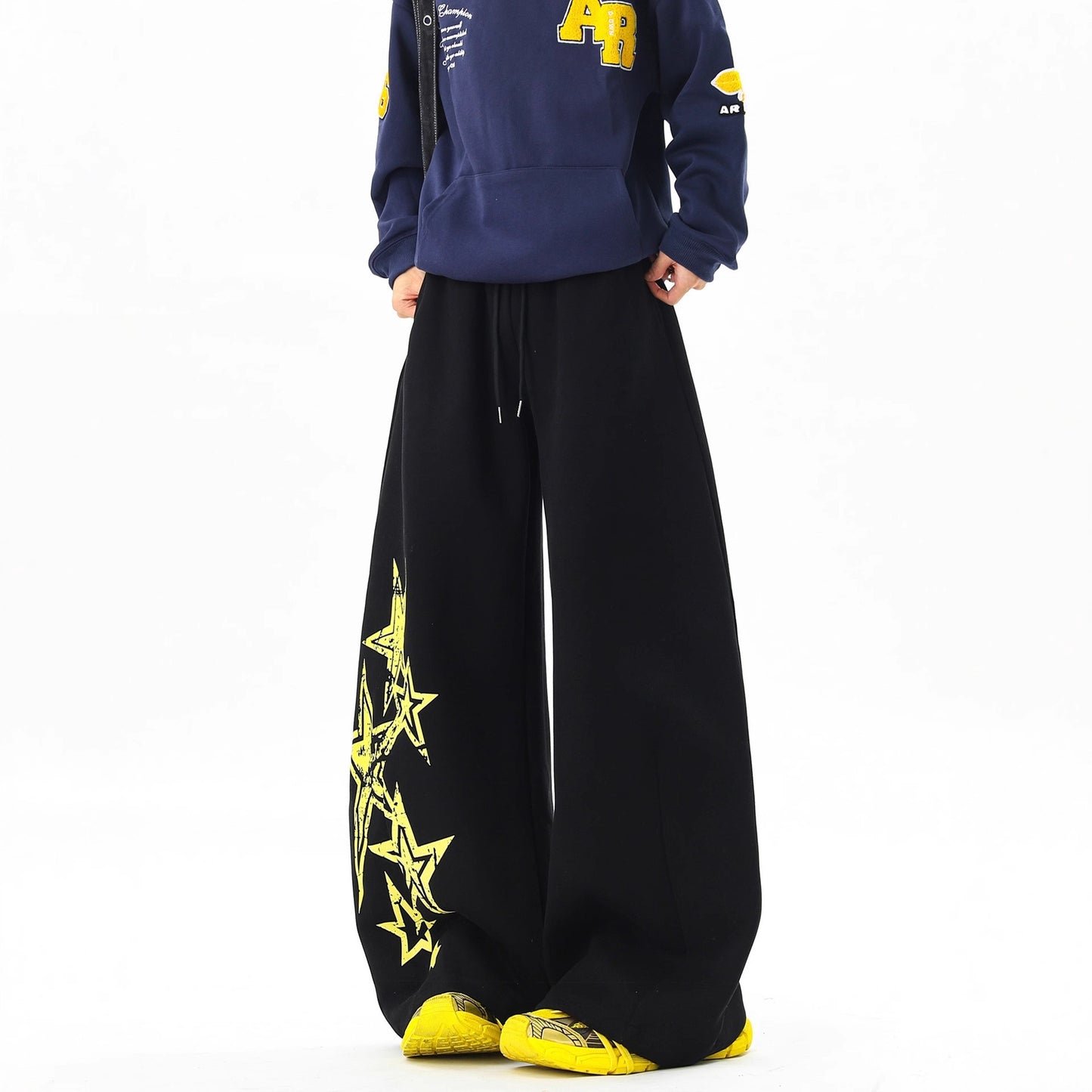 Retro Street Style Graffiti Star Distressed Sweatpants Unisex Autumn Winter Design Casual Straight Leg Oversized Long Pants