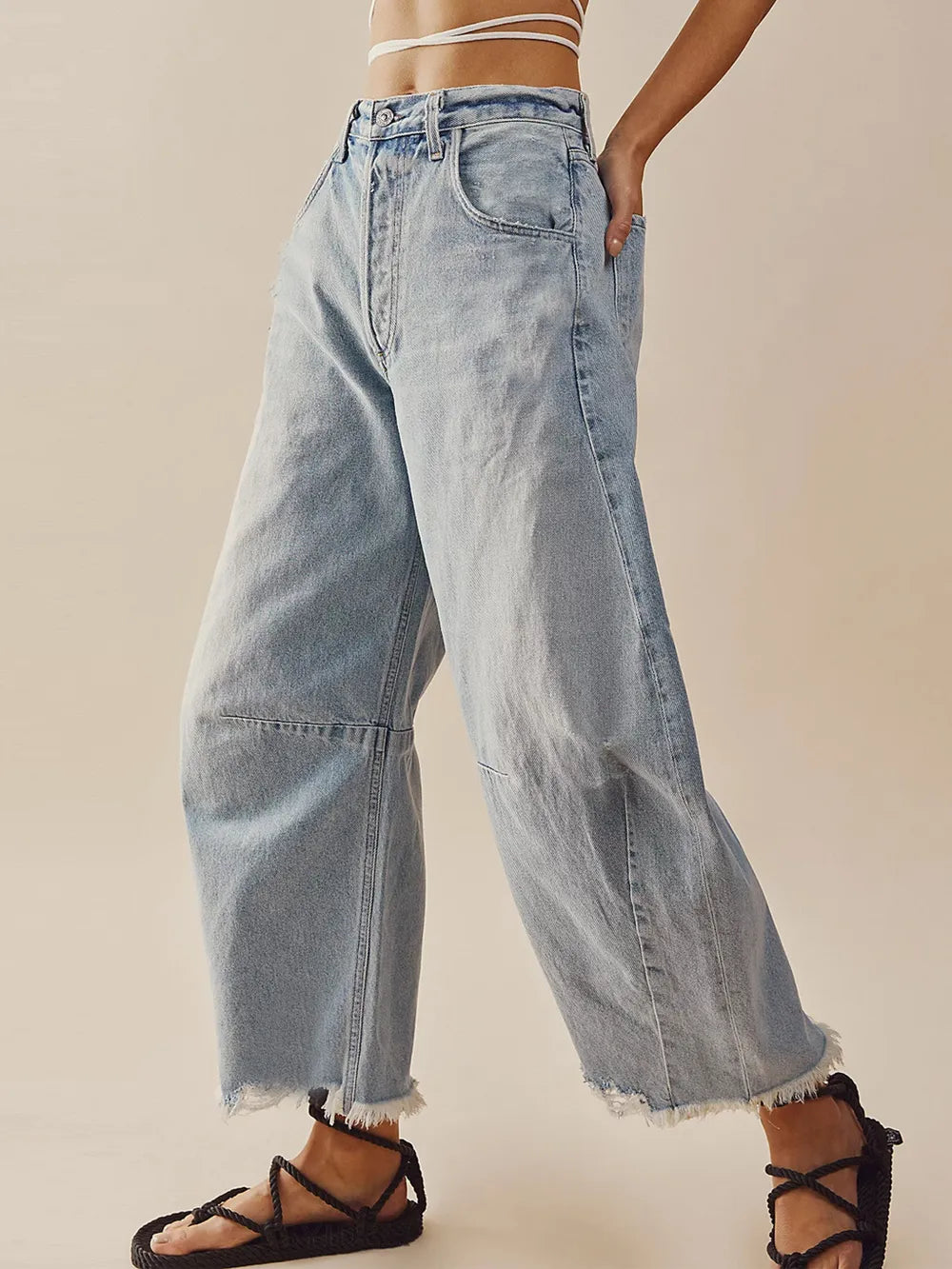 Raw Hem Wide Leg Jeans with Pockets