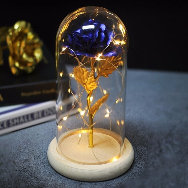 Rose In Flask Led Rose Flower Light Black Base Glass Dome
