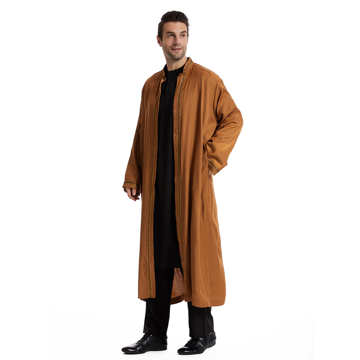 Men Open Abaya Saudi Jubba Thobe Islamic Clothing Ramadan Kimono Long Sleeve Robe Caftan Dubai Stand Collar Arabic