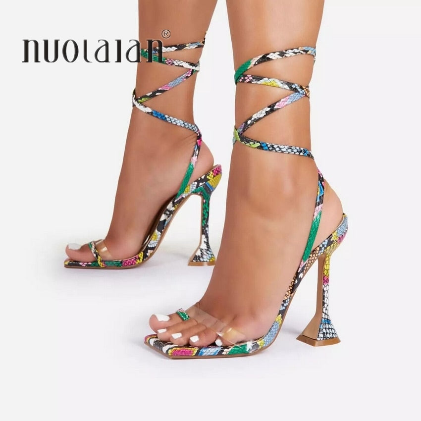 Snake Print Shoes Woman Lace-Up Cross Strap Gladiator Sandals 11.5CM Heels
