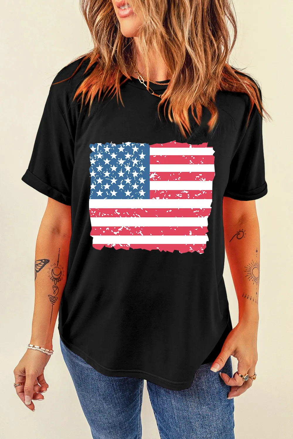 U.S. Flag Round Neck Short Sleeve T-Shirt