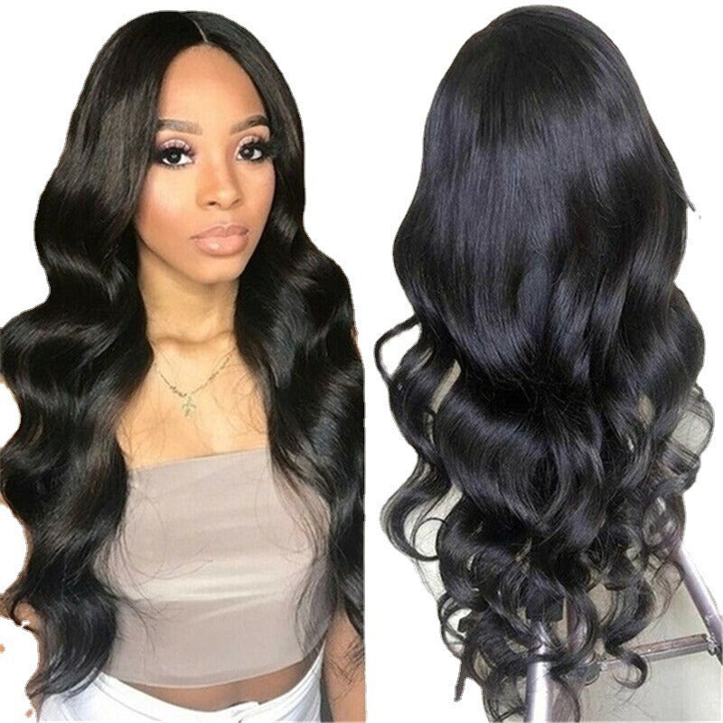 Wig European and American medium-parted long curly hair African black large wave chemical fiber full headgear wig
