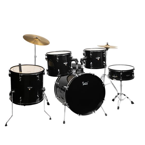 Full Size Drum Set 5-Piece Black with Bass Drum, two Tom Drum, Snare Drum, Floor Tom, 16" Ride Cymbal, 14" Hi-hat Cymbals, Stool, Drum Pedal, Sticks
