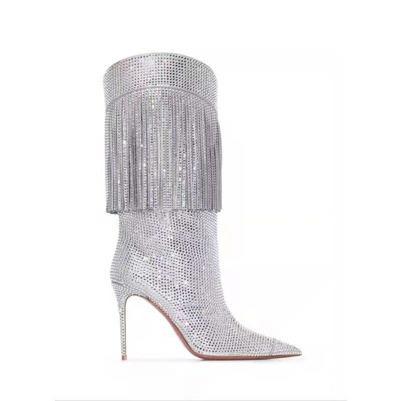 Pointed Toe Rhinestone Silver Tassel Stiletto Suede Super High Heels
