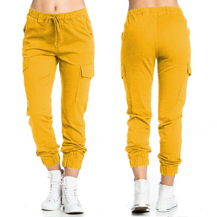 Solid Color Jogger Cargo Pants Multi-Pocket Drawstring Elastic Waist Sports Pants