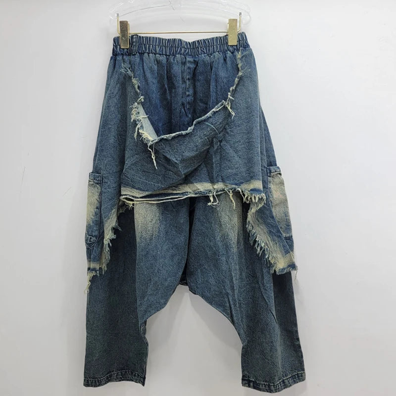 Patchwork High Elastic Waisted Loose Denim Jeans
