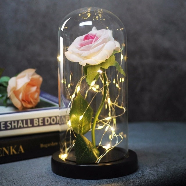 Rose In Flask Led Rose Flower Light Black Base Glass Dome