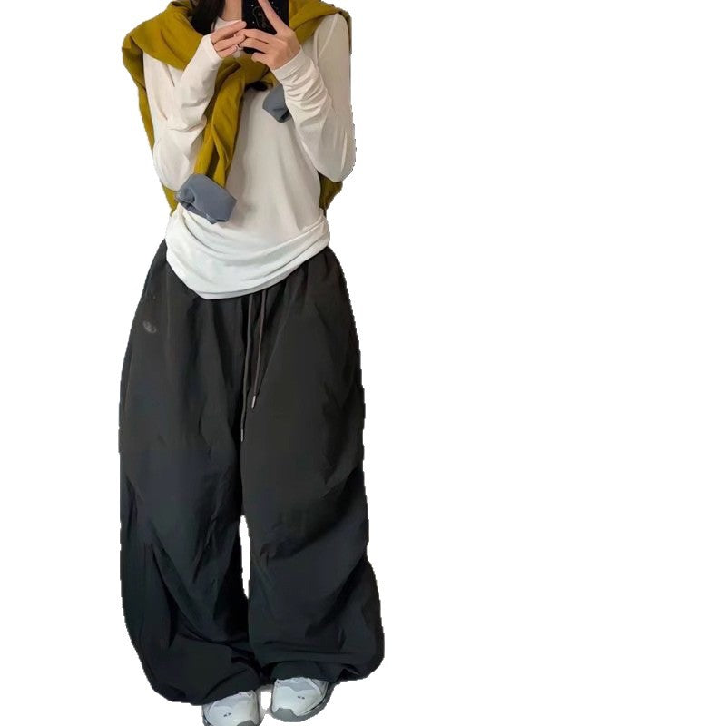 Vintage Quick-Dry Casual Pants for Women, High Waist, Loose Fit Embroidery, Pleated, Waterproof Workwear, Jazz Dance Streetwear Pants
