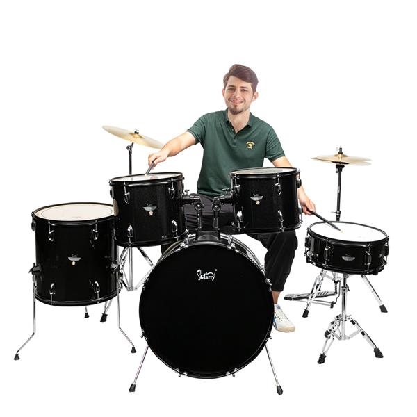 Full Size Drum Set 5-Piece Black with Bass Drum, two Tom Drum, Snare Drum, Floor Tom, 16" Ride Cymbal, 14" Hi-hat Cymbals, Stool, Drum Pedal, Sticks